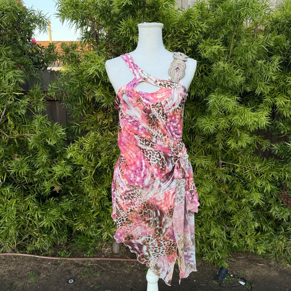 Adam pour Eve Women's One Shoulder Beaded Animal Print Ruched‎ Top